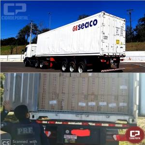 PRF apreende uma carreta container carregada 45 mil caixas de cigarros contrabandeados em Toledo