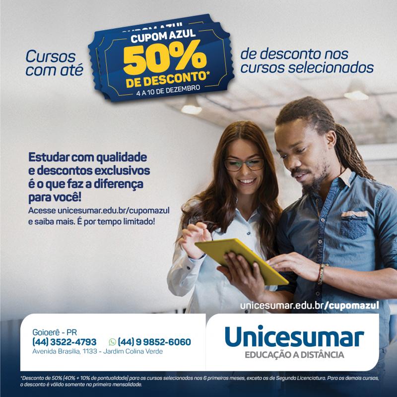 Unicesumar oferece 22 cursos superiores com 50% de desconto nas mensalidades, promoção válida de 04 a 10 de dezembro